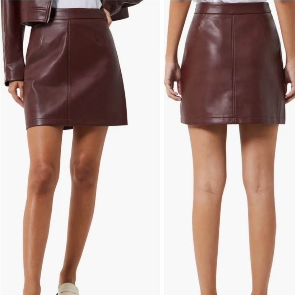 NWOT French Connection Brown Faux Leather A-Line Mini Skirt XXS SZ 2